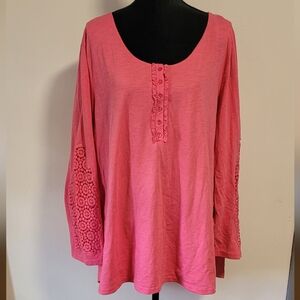 Roaman's Vibrant Pink Long Sleeve Top with Lace Accents